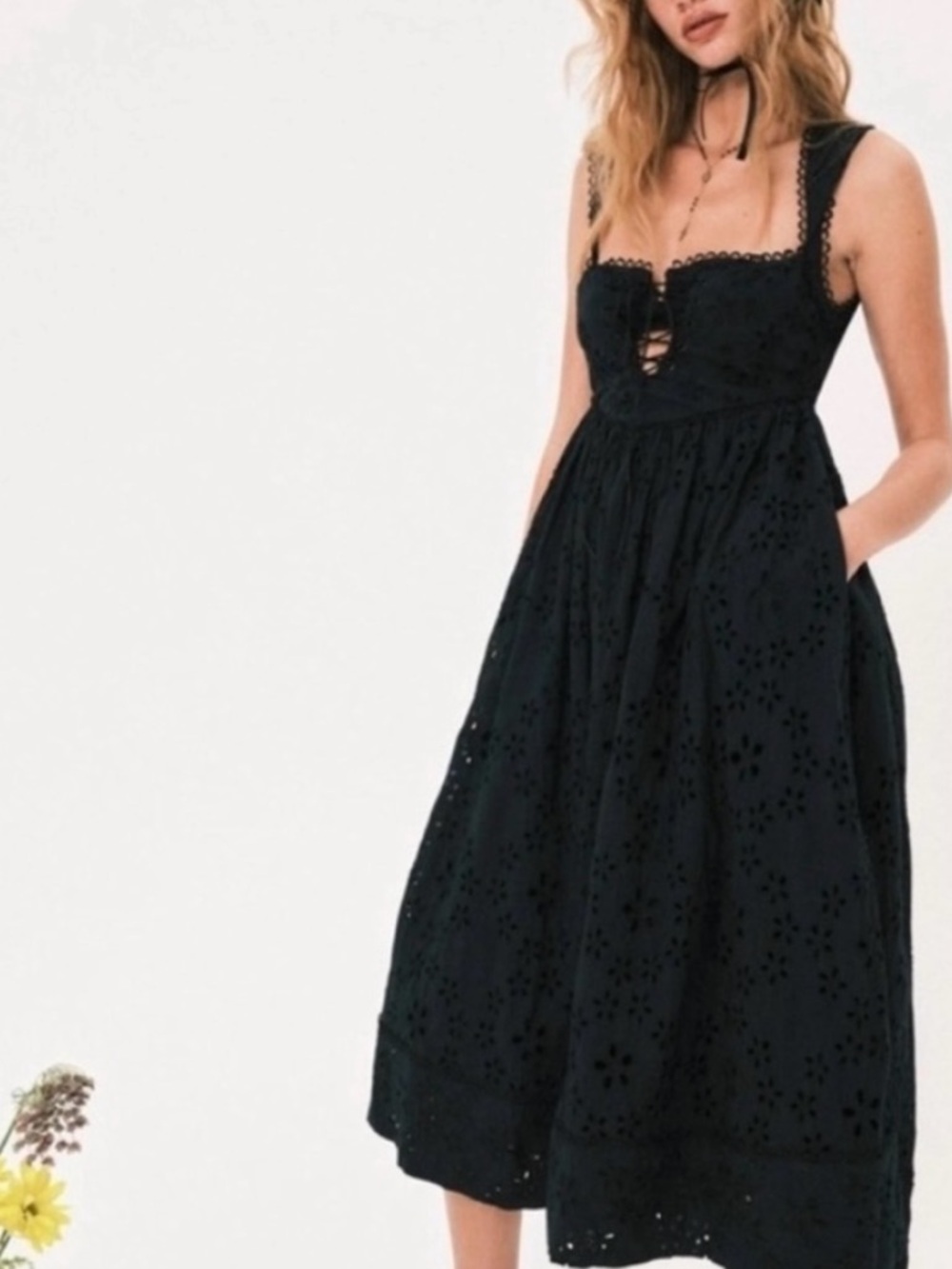For Love And Lemons Nicola Eyelet Lace Up Midi Dress Size XS NWT Solid Black - Picture 2 of 10